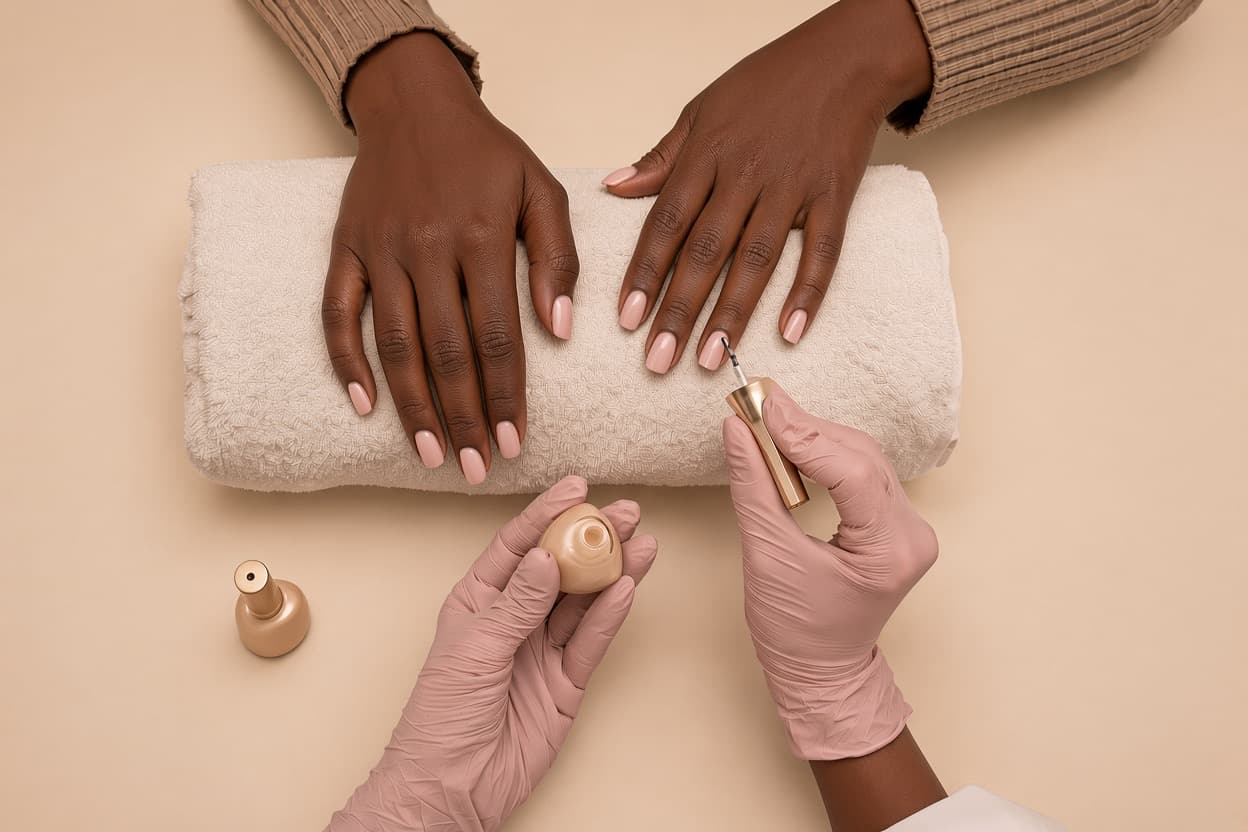 A manicurist painting a client's nails in a soft pink