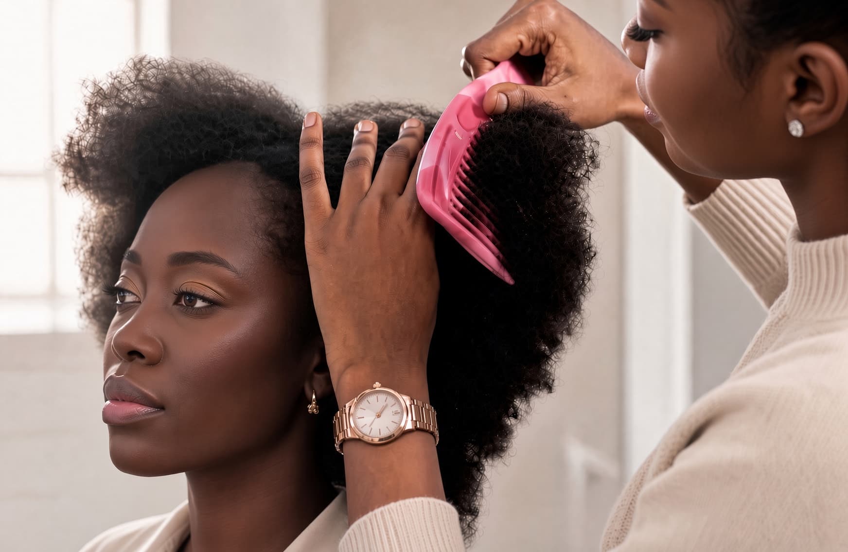 A stylist combing out a client's natural hair with a wide tooth comb